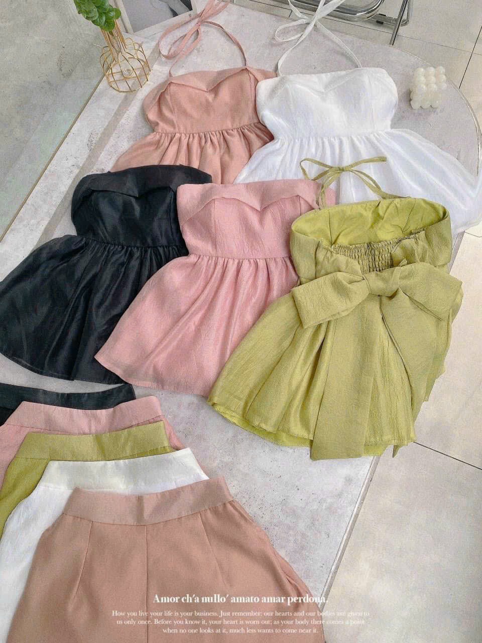 Set áo babydoll đính nơ sau chất vải voan xước đồ bộ đùi mát mặc hè set áo hai dây cổ vuông nữ tính