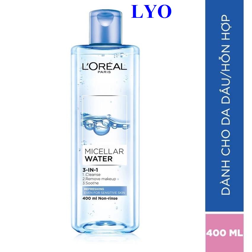 Nước tẩy trang Loreal Paris 3 in 1 Micellar Water 400ml Refreshing – Tươi mát (xanh nhạt)