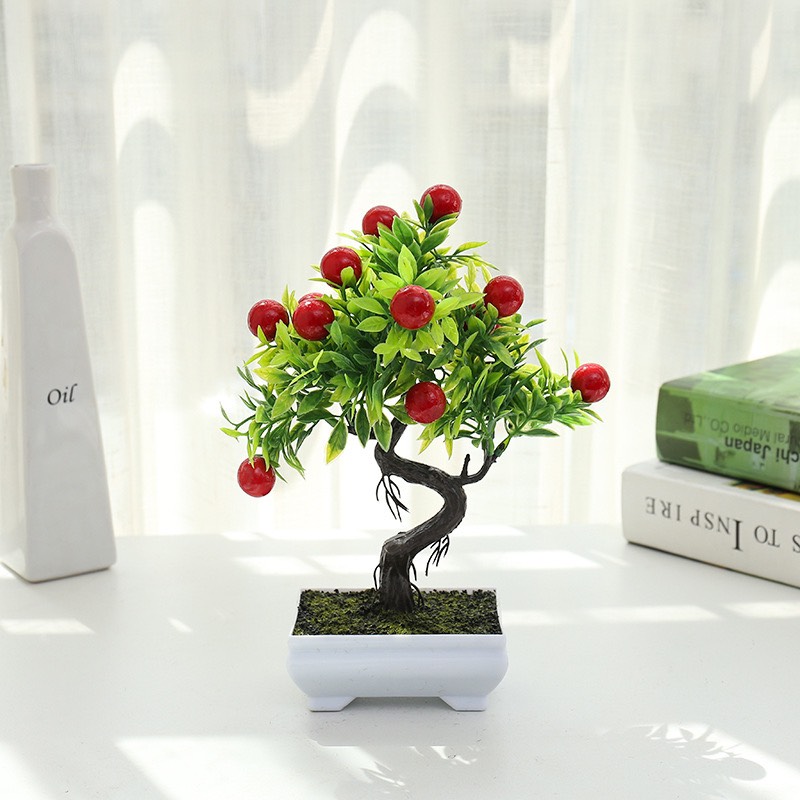 Cây Giả - Chậu Cây Lựu Đào Quất Cherry Bonsai để bàn-Cây trang trí nhà AP009