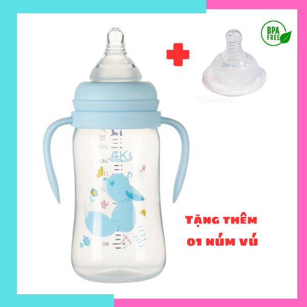 Bình sữa cổ rộng cho bé bình sữa cổ rộng Aki 180ml - 240ml - 300ml với núm vú siêu mềm chống sặc chống đầy hơi không BPA (dễ dàng vô sữa)