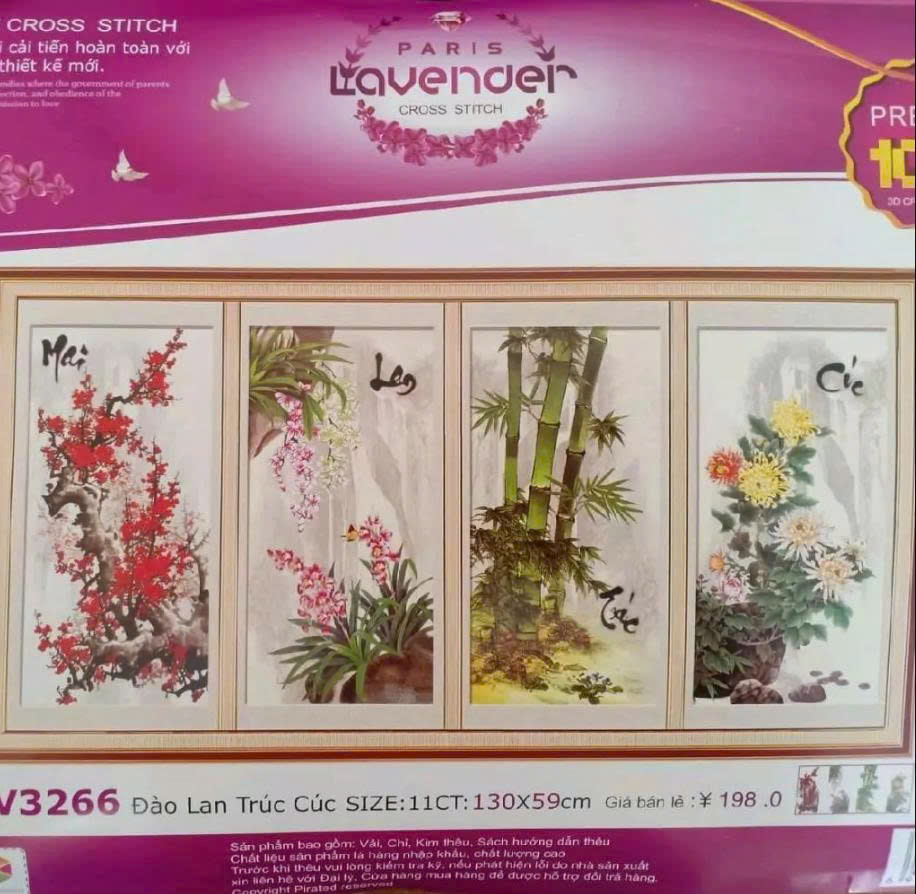 Tranh thêu chữ thập tứ quý Xuân Hạ Thu Đông LV3236 - tự thêu