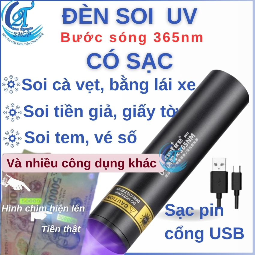 Đèn soi tiền giả có sạc Đèn Pin UV SV57 3W 365nm Đèn Pin Tia Cực Tím Sạc Được USB Và Đèn soi UV tiền giả 9 bóng led dùng pin tiểu