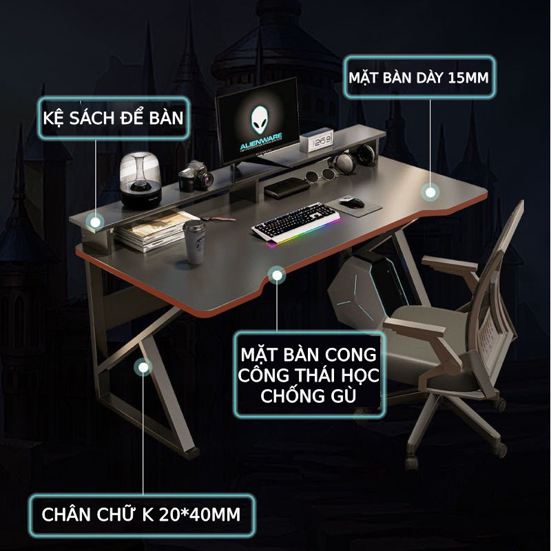 Bàn Gaming chân chữ K viền đỏ có kệ để máy tính  Bàn làm việc chân sắt sơn tĩnh điện mặt bàn MDF mẫu