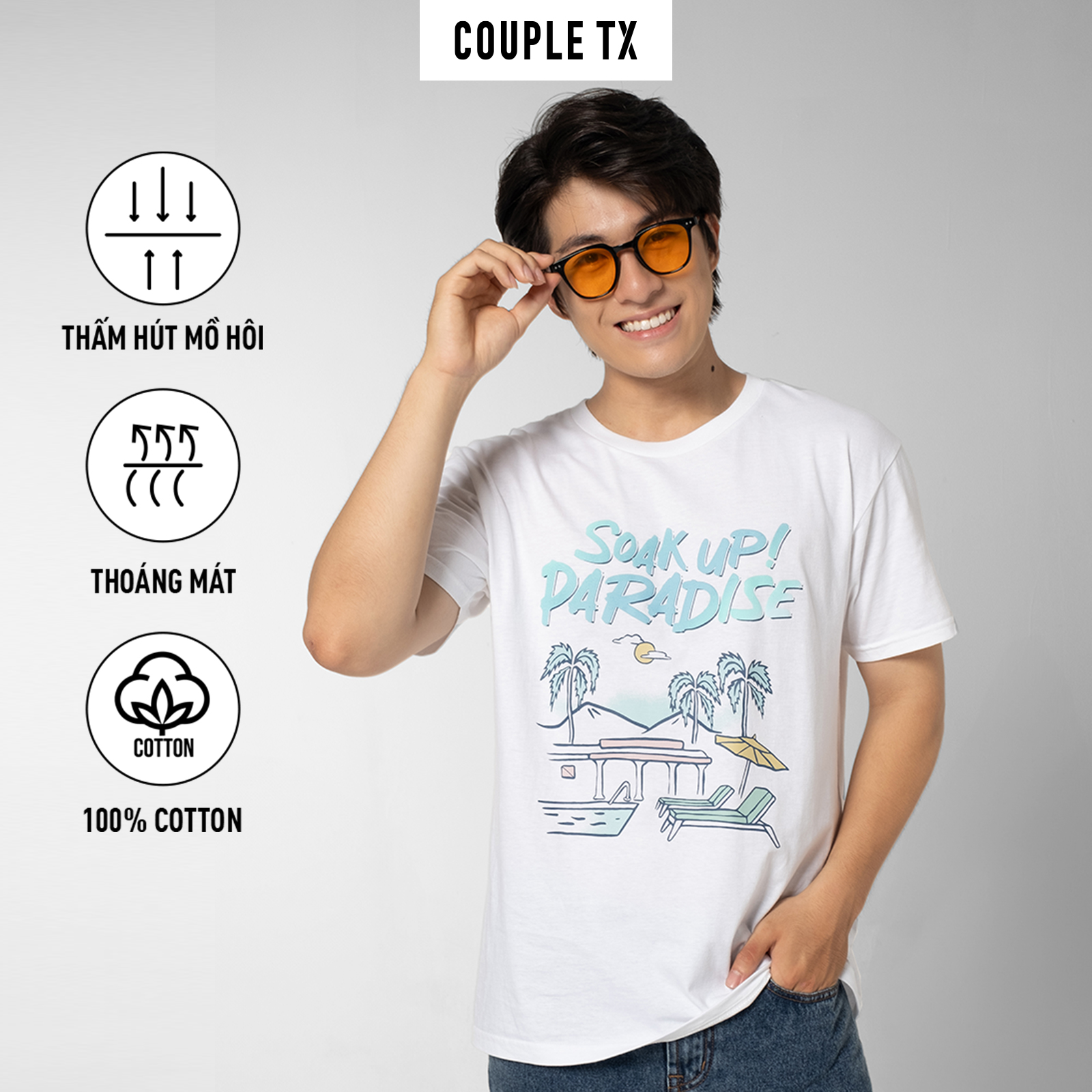 Áo Thun Nữ/Nam COUPLE TX - Áo Phông 100% Cotton Tay Ngắn Cổ Tròn Hình In Soak Up In Paradise MTS 136