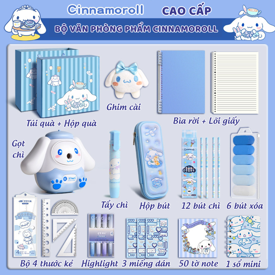 Bộ Văn Phòng Phẩm Cinnamoroll Túi Quà Đồ Dùng Học Tập Chó Con Tone Xanh Dương Cho Bé Trai và Bé Gái 