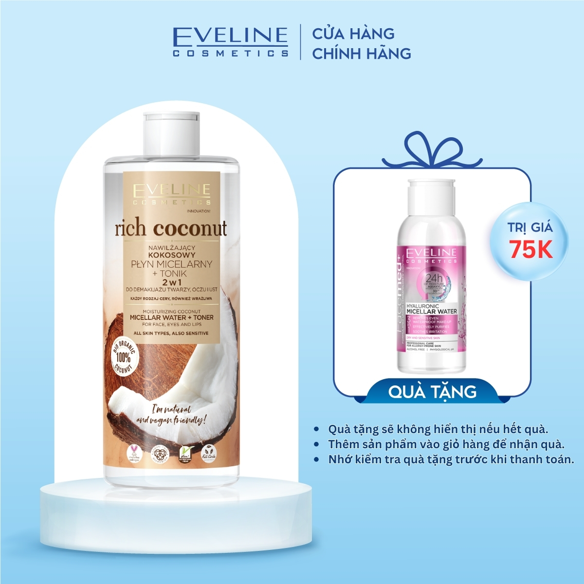 Nước tẩy trang Eveline Rich Coconut dưỡng ẩm tinh dầu dừa 2 tác động 500ML