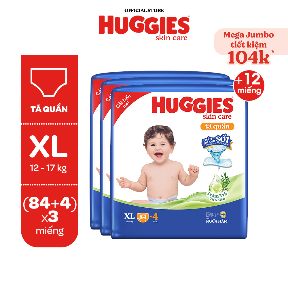 Combo 3 gói Tã quần Huggies Skincare Mega Jumbo M106/L96/XL84/XXL76 với tràm trà dịu da