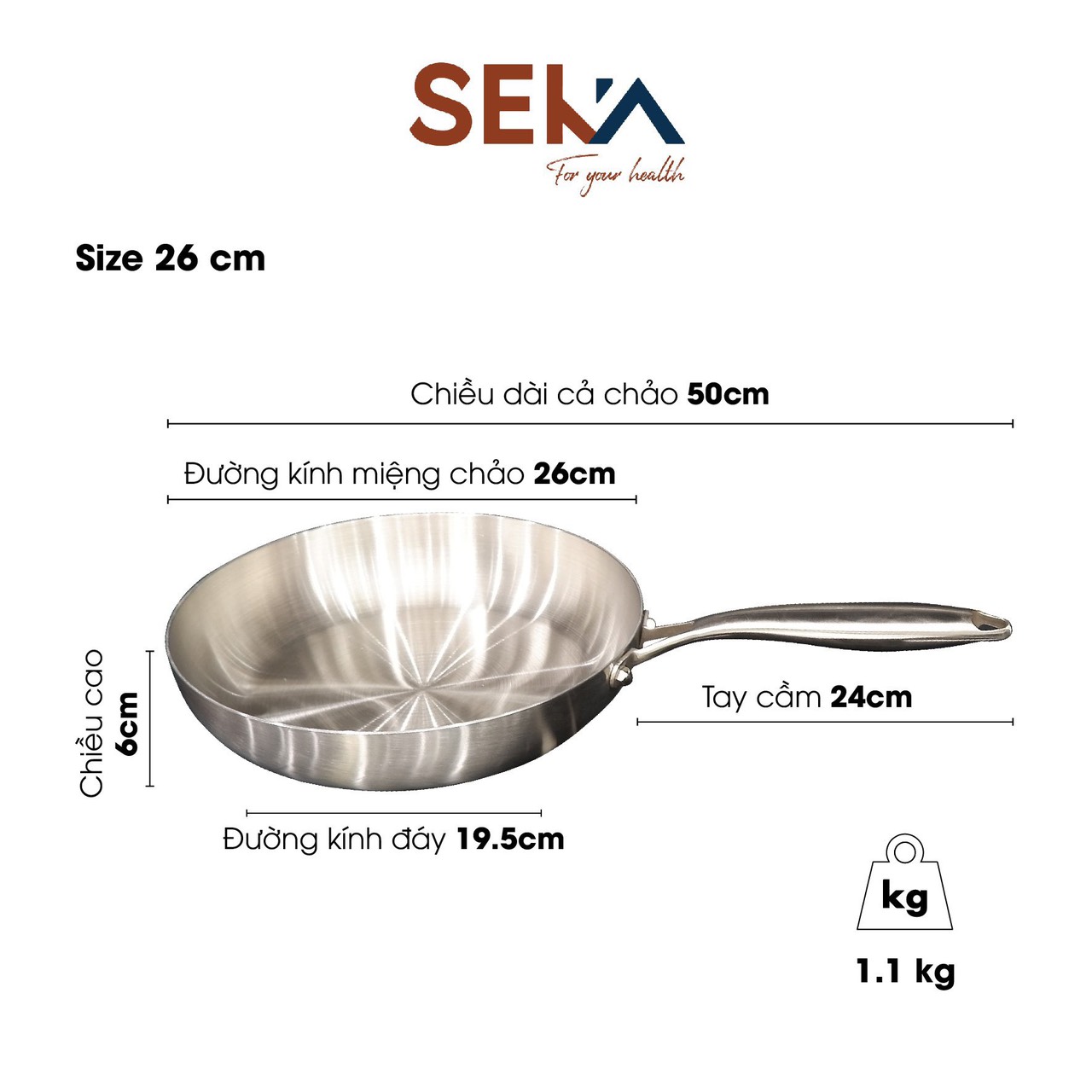 Chảo Inox SEKA Cạn Lòng SK6030 - 5 Lớp Nguyên Khối Size 16cm 22cm 26cm Dùng Cho Mọi Loại Bếp