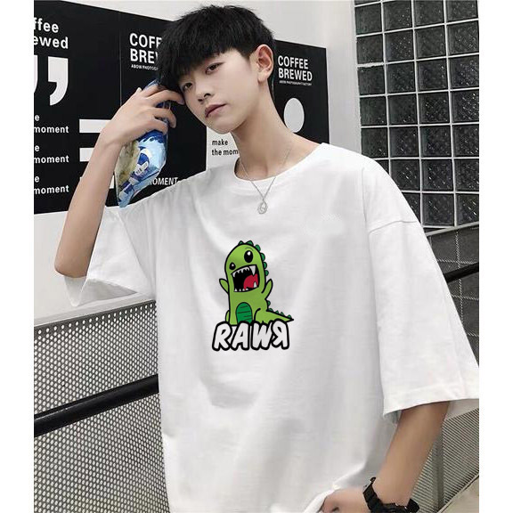 Áo thun nam nữ tay lỡ Hàn Quốc from rộng hình khủng long cute vải dày mịn mát 2020