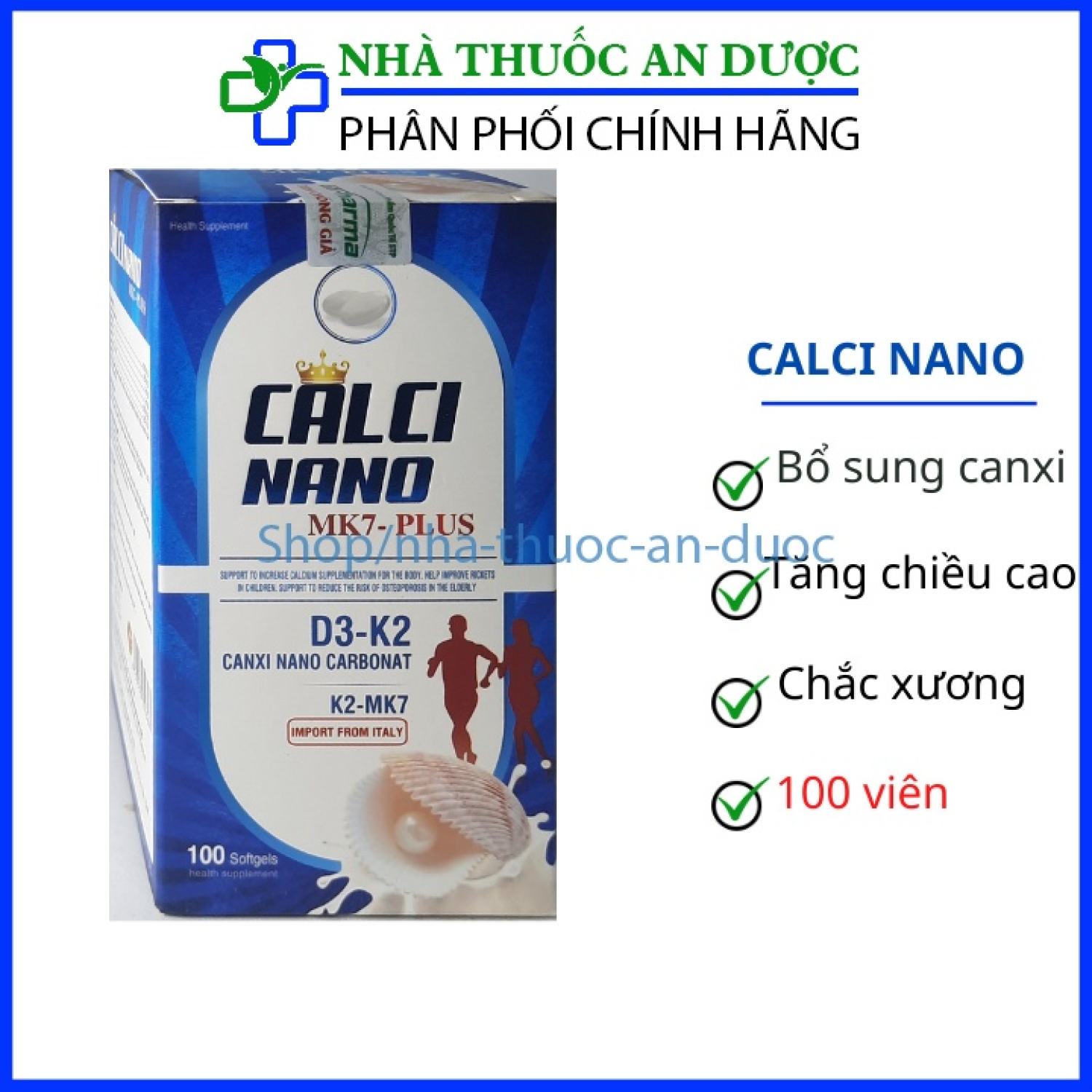 Viên uống CALCI NANO MK7 PLUS - Hộp 100 viên bổ sung Canxi D3 K2 MK7 giảm nguy cơ loãng xương