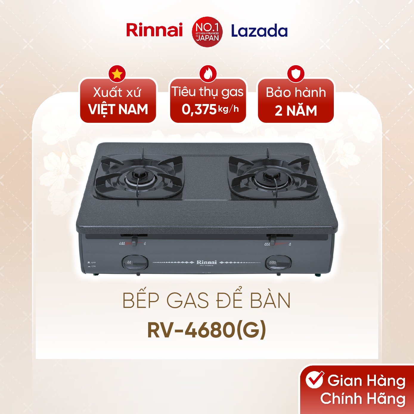 Bếp gas dương Rinnai RV-4680(G) mặt bếp men và kiềng bếp men - Hàng chính hãng.