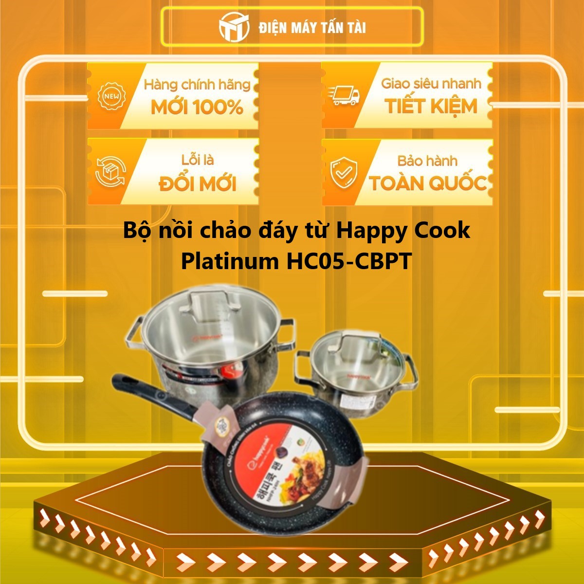 HC05-CBPT - Bộ nồi chảo đáy từ Happy Cook Platinum HC05-CBPT Phủ chống dính PTFE Nắp bằng kính cường