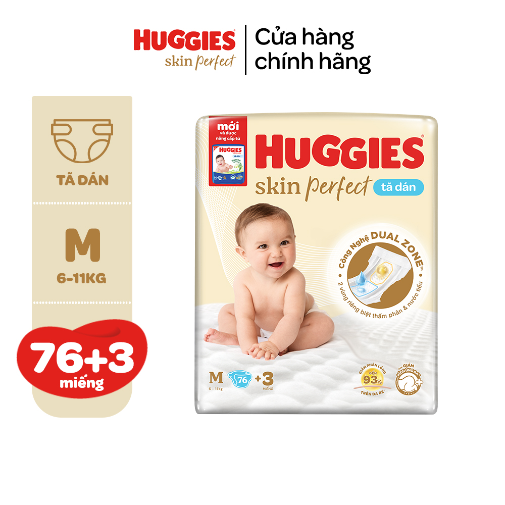 Tã/Bỉm Dán Sơ Sinh Huggies Skin Perfect NB/S/M với 2 Vùng Thấm Giảm Kích Ứng Da