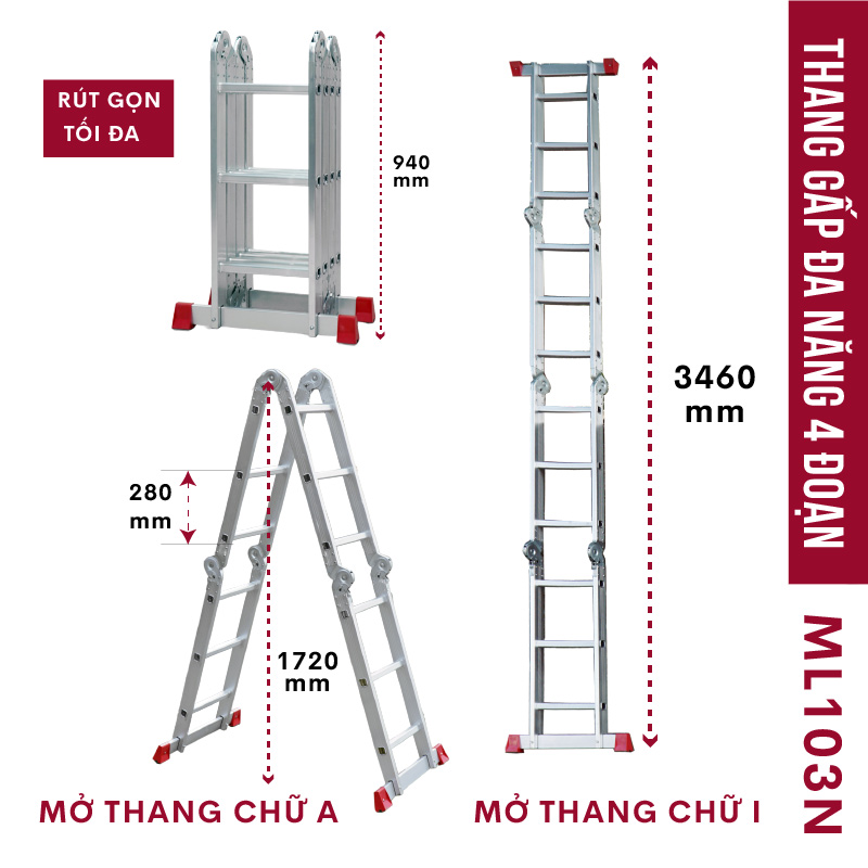 Thang nhôm gấp 4 đoạn Nhập Khẩu 34 mét - 47 mét siêu đa năng FUJIHOME thang chữ M xếp gọn 4 khúc gia