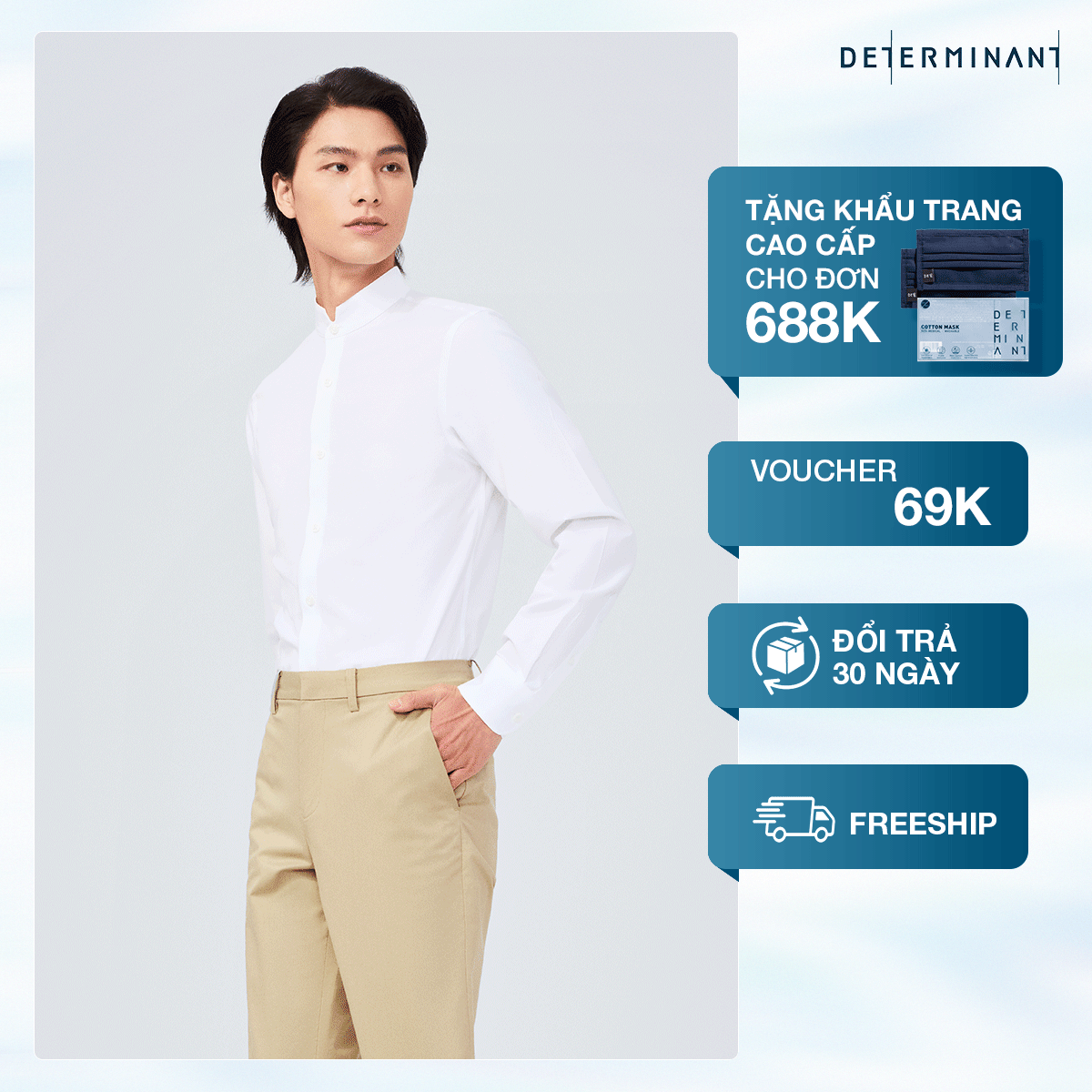 Áo Sơ Mi Nam Cổ Trụ DETERMINANT 100% Cotton Chống Nhăn Kháng Khuẩn - 302 - Màu Trắng