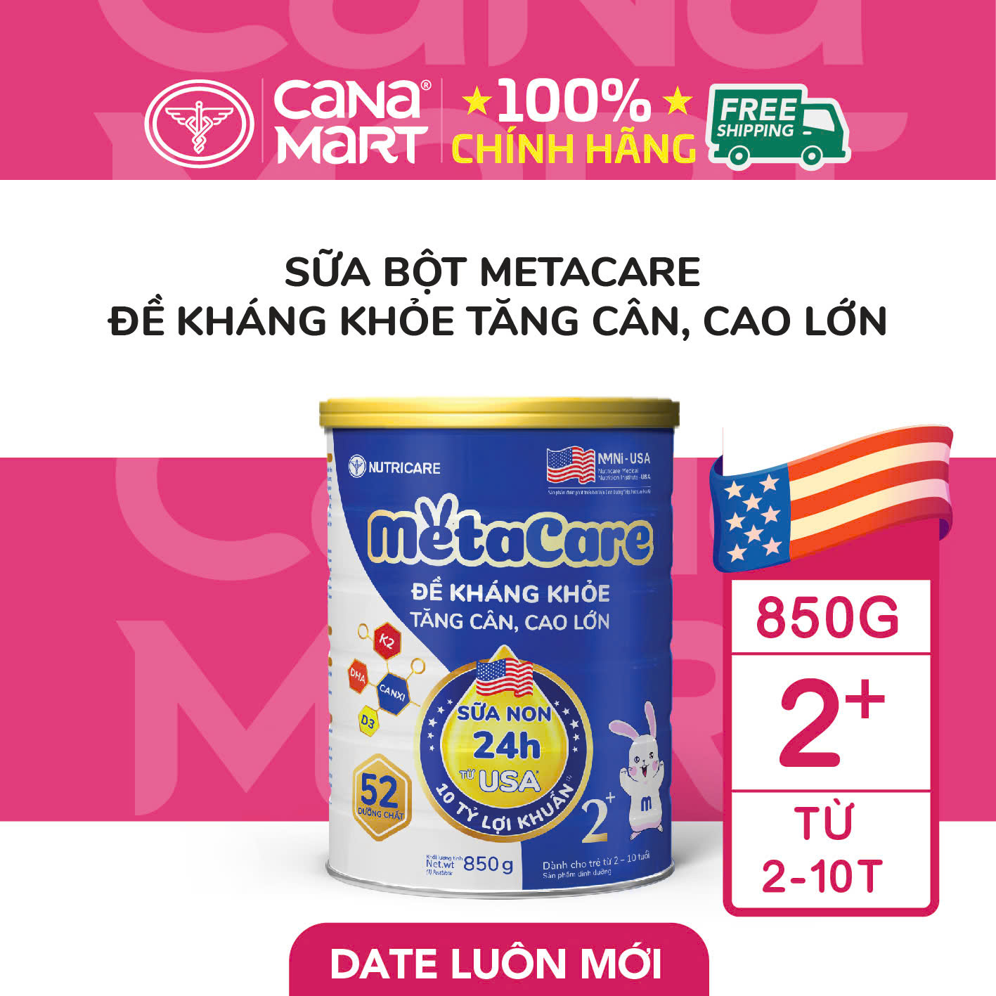 Sữa bột Nutricare MetaCare 2+ đề kháng khỏe tăng cân cao lớn (850g)