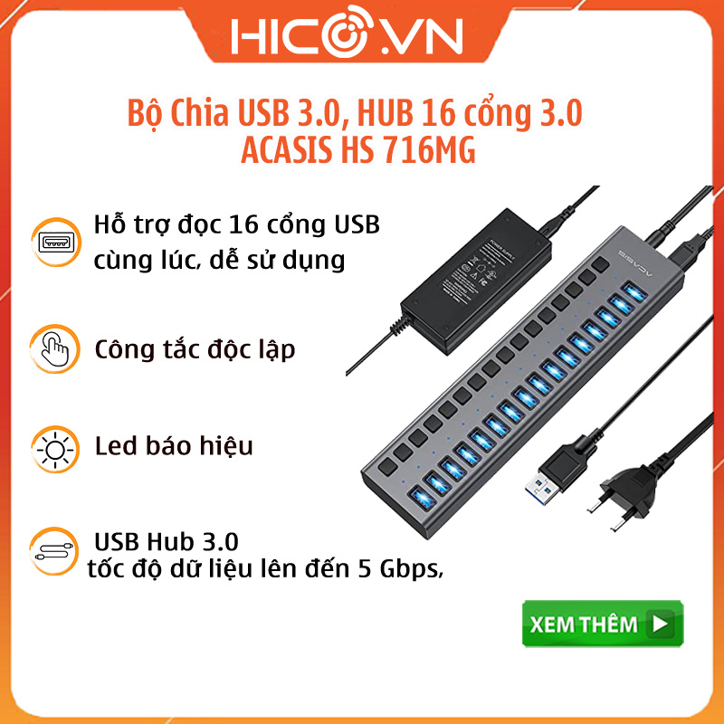 Bộ chia cổng USB 3.0 Hub chia cổng USB ACASIS Chân USB – Công tắc riêng Nguồn Rời 12V- ACASIS HS 710