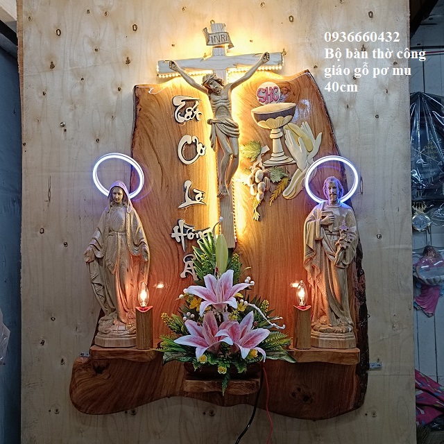Bộ bàn thờ công giáo gỗ pơ mu tượng Mẹ Thánh cao 40cm kích thước bàn thờ cao 80cm ngang 50cm trang trí bàn thờ gia đình công giáo.