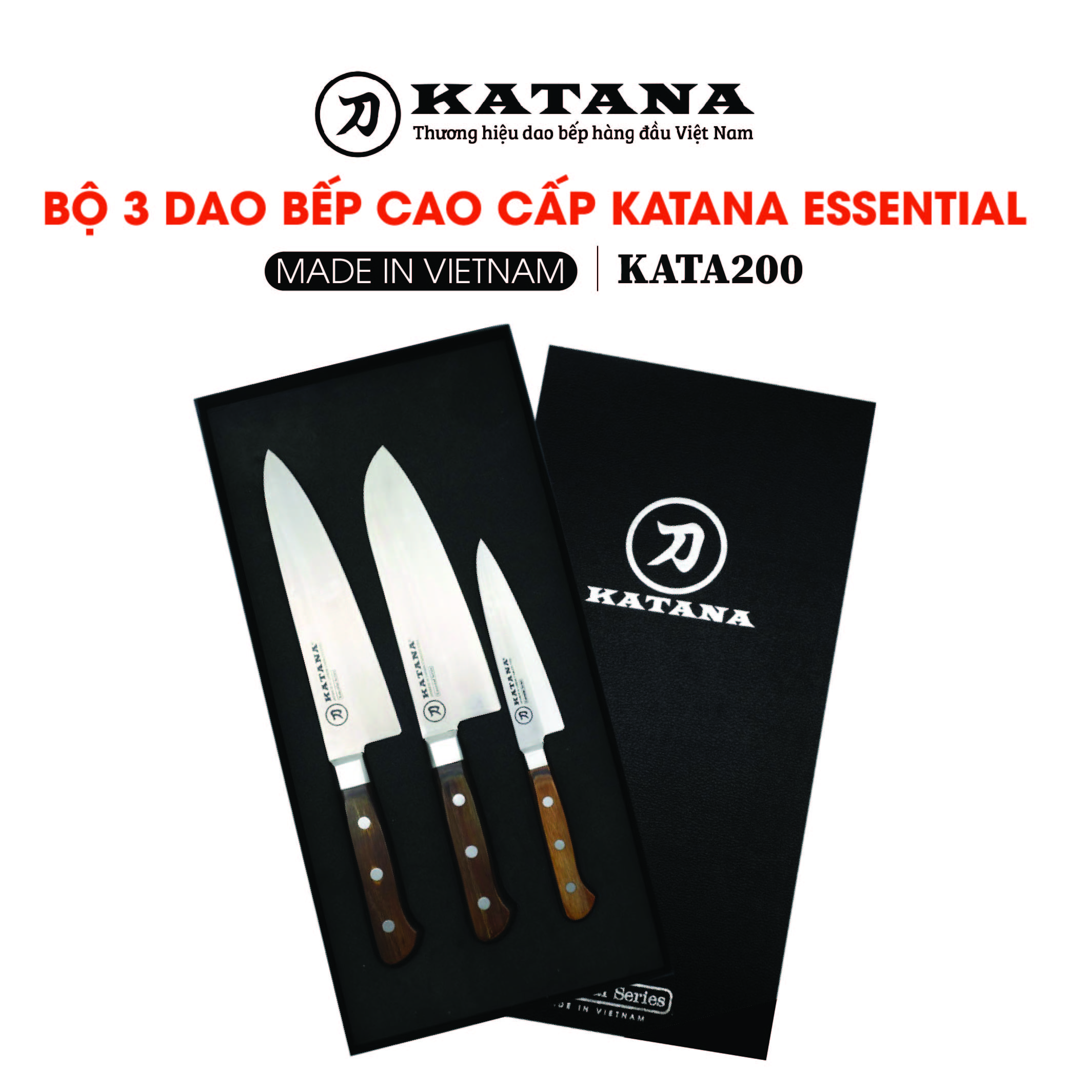 Bộ dao bếp KATANA Essential Series Thép Nhật 3 món Chef - Santoku - Petty (Dao thái thịt cá - Dao đa năng - Dao gọt hoa quả) - KATA200