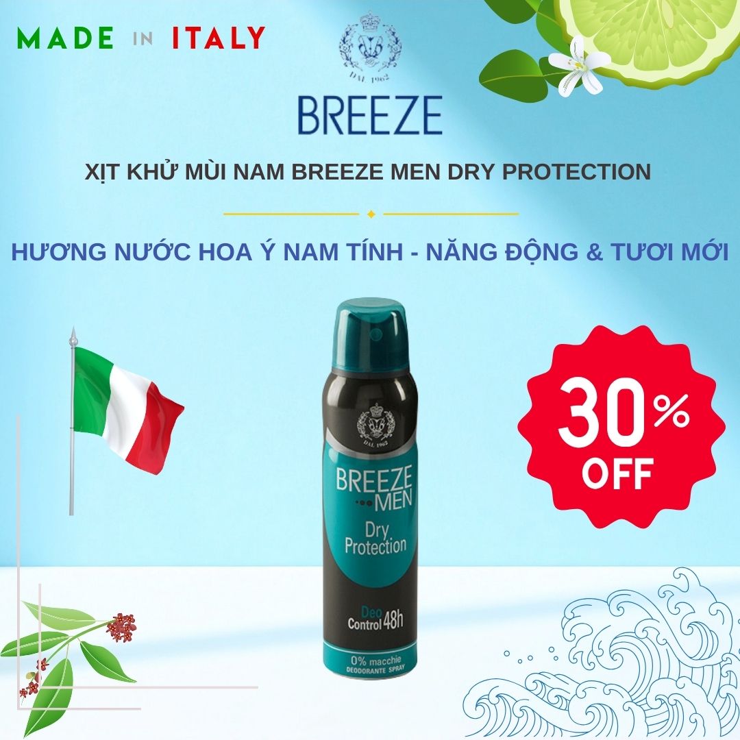 KHUYẾN MÃI 30% - Xịt khử mùi nam hương nước hoa Spray Deodorant Breeze Men Dry Protection 150ml