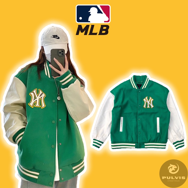 Áo varsity jacket MLB NY vải nỉ dày dặn phối tay daÁo bomber nỉ form rộng  nam nữ phong cách  Shopee Việt Nam