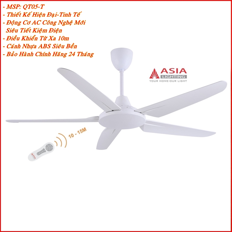 Quạt Trần 5 Cánh QT05-ASIA Chính Hãng Bảo Hành 2 NămĐộng Cơ Công Nghệ Mới Tiết Kiệm ĐiệnĐiều Khiển 5