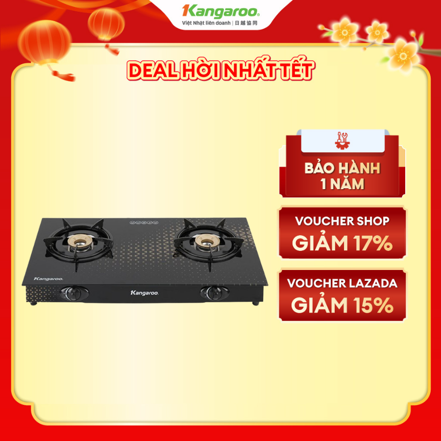 Bếp ga đôi Kangaroo KG8G1C - Kính cường lực, màu đen, tiết kiệm gas, dễ vệ sinh