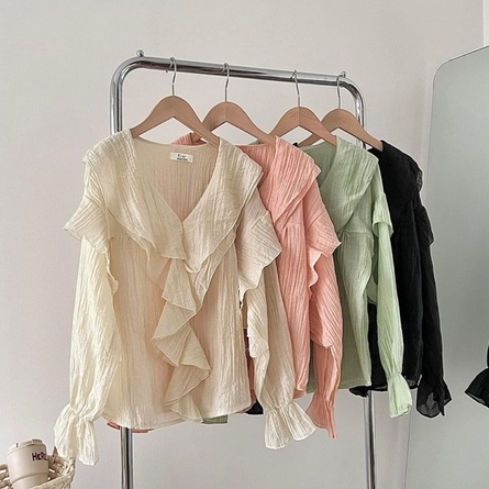 Áo babydool dáng dài UNDERCOOL bèo ngực chất voan tơ tay bồng điệu Áo kiểu tiểu thư xuyên thấu nhẹ b