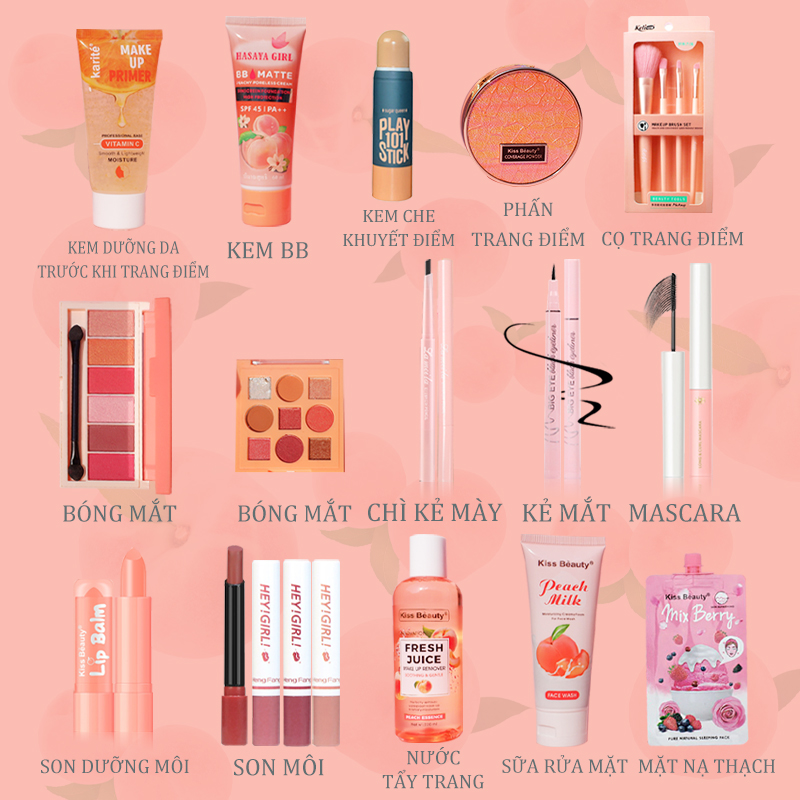 [Hcm][Peachy Sis ] Bộ Mỹ Phẩm Hoàn Chỉnh 18 Món(Cọ Trang Điểm+Kem Dưỡng Ẩm+Mặt Nạ+Bb Cream +9 Phấn Mắt+6 Phấn Mắt+Mascara Kẻ Mắt+Chì Kẻ Mày+4 Son Môi+Phấn Trang Điểm+ Son Dưỡng+Viền Bóng+Tẩy Trang+Sữa Rửa Mặt)