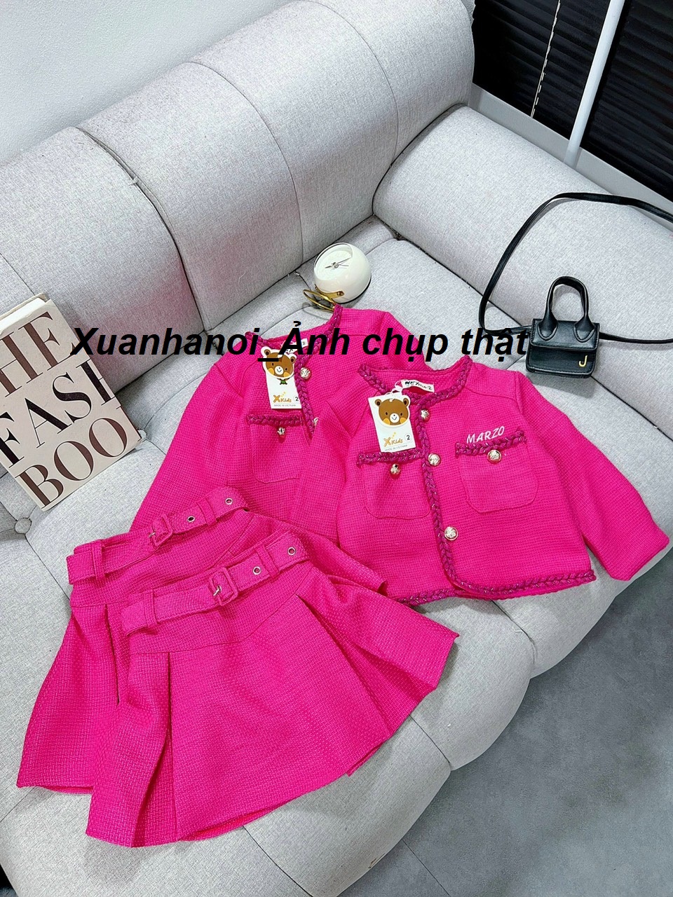 Váy bé gái_Set áo dạ hồng sen và chân váy xếp ly liền quần kèm đai lưng 12-35kg XHN1450