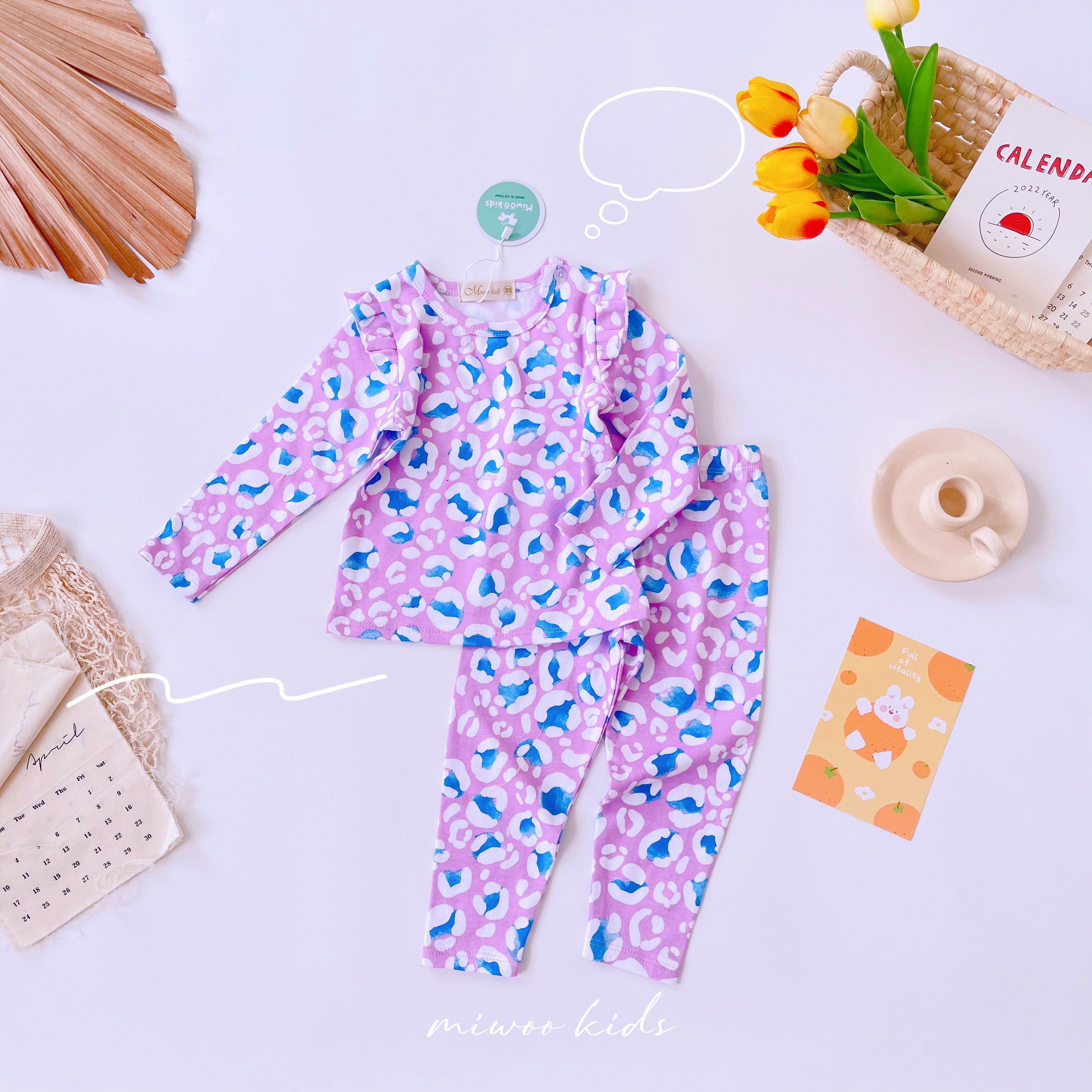 Đồ bộ tay dài bé gái bèo vai xuất Nhật Miwoo