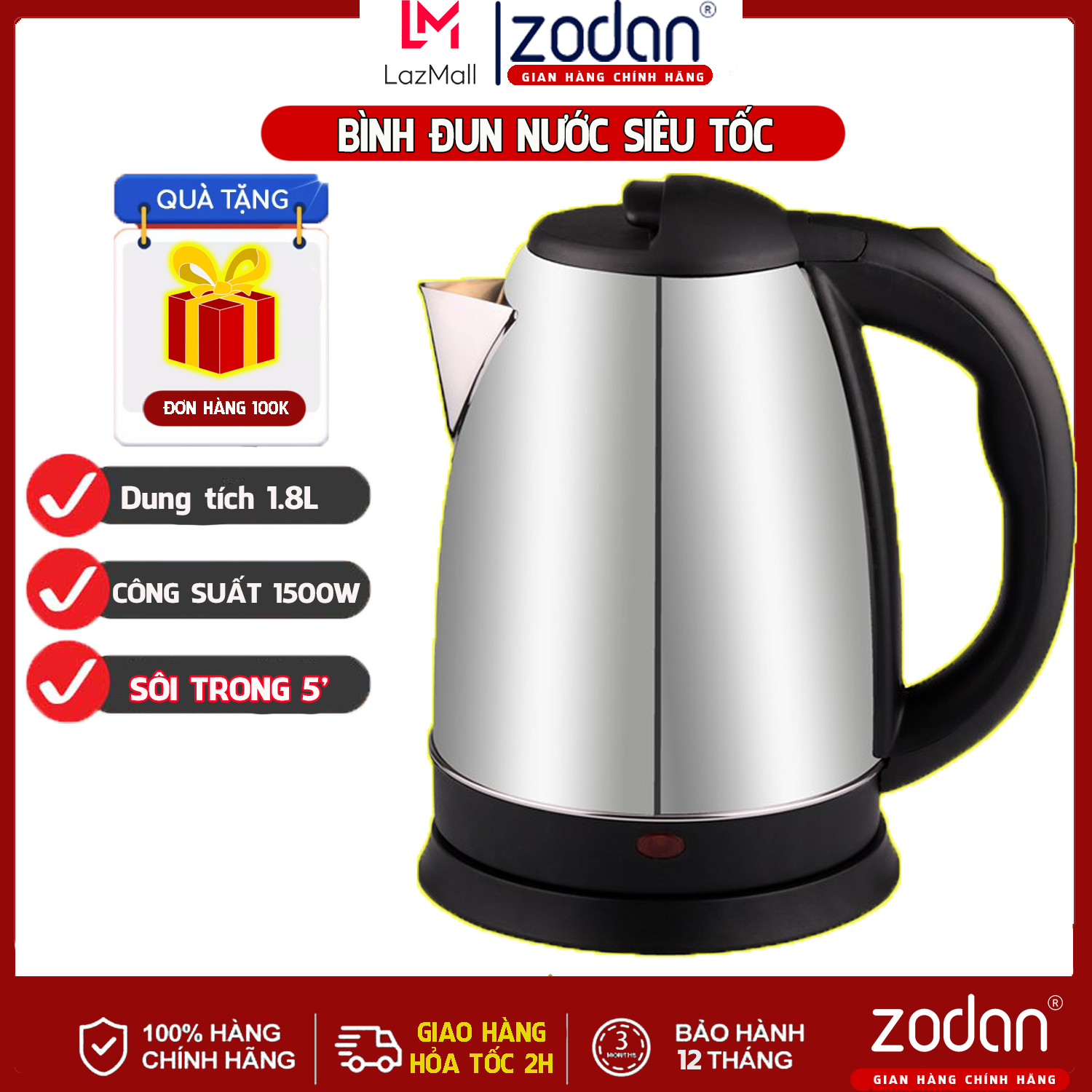 Ấm đun siêu tốc Bình đun nước siêu tốc 2.2L - Bảo Hành 1 Năm - Ấm đun siêu tốc- An toàn cho mọi gia 