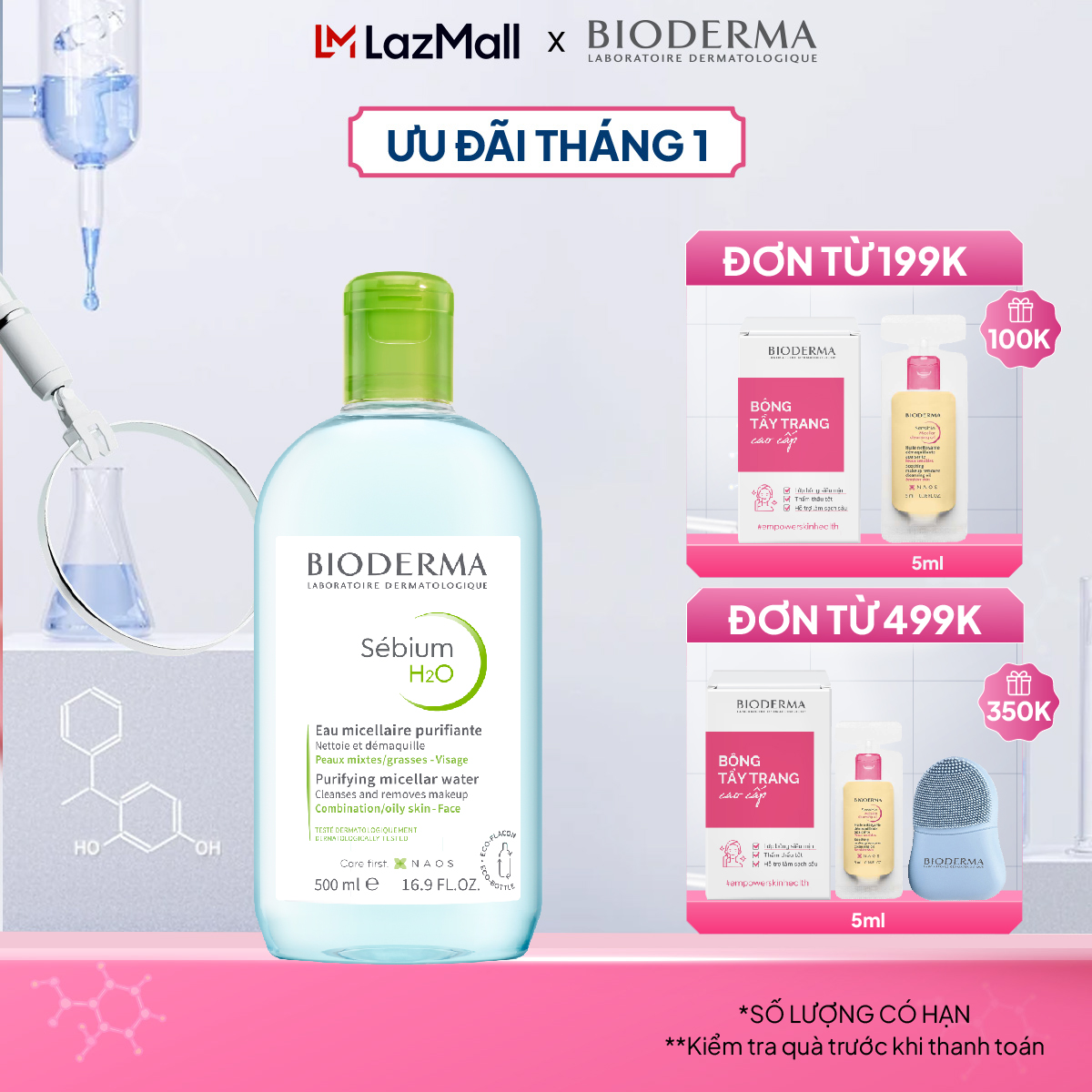 Dung dịch làm sạch và tẩy trang micellar cho da hỗn hợp da dầu và da mụn Bioderma Sebium H2O - 500ml