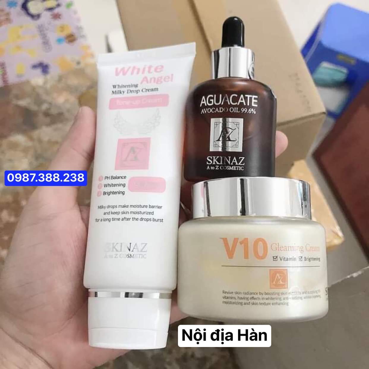 Set Dưỡng Trắng Chống Lão Hóa V10 Skinaz Xách Tay Hàn Quốc( Kem V10 Serum Bơ Kem White Angel)