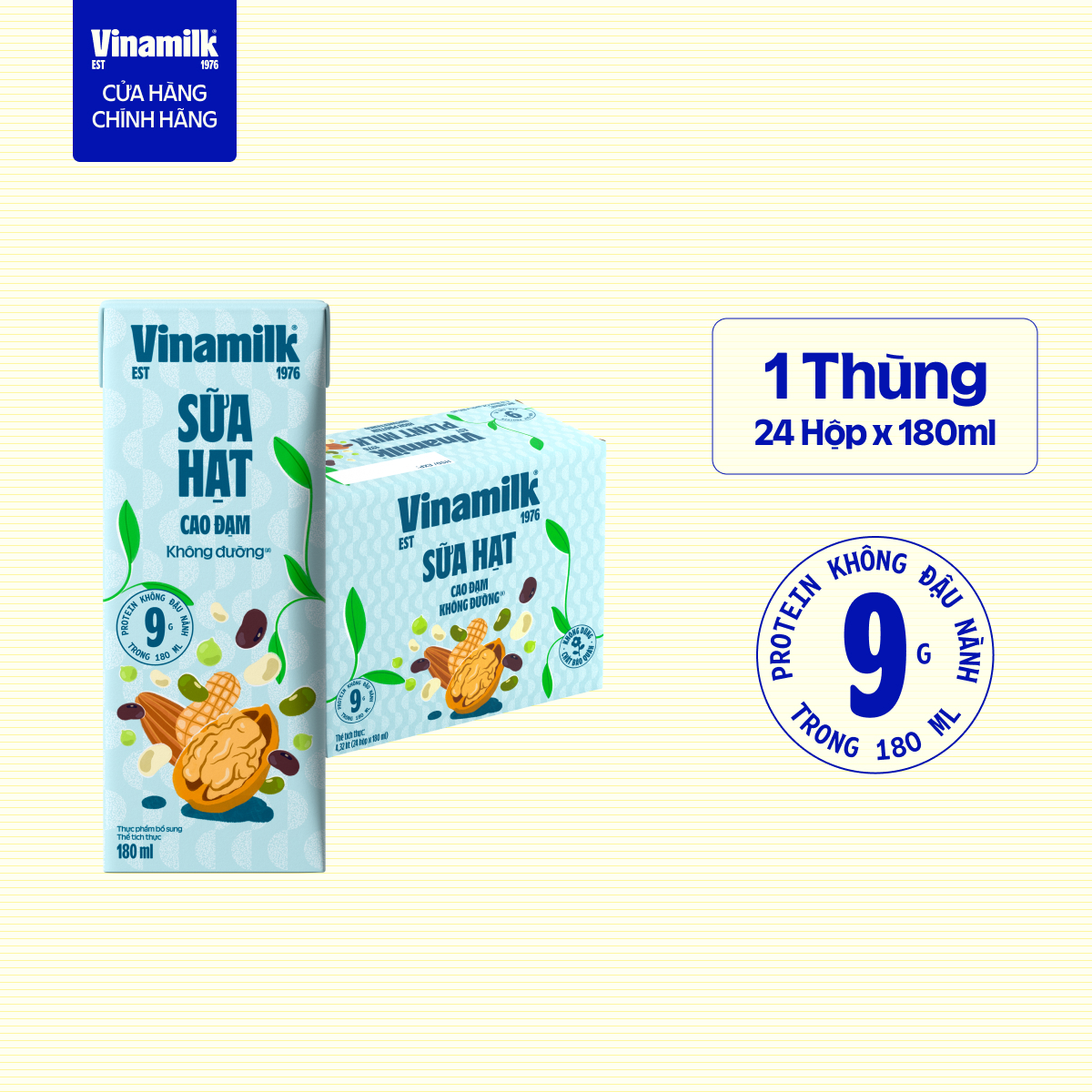 Thùng 24 hộp sữa hạt Cao Đạm không đường Vinamilk - hộp 180ml