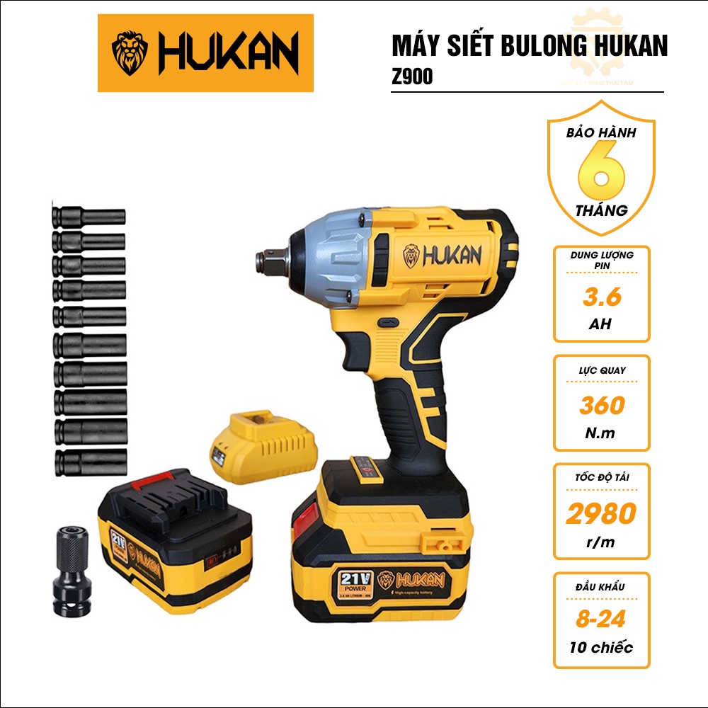 Máy Siết Bulong HUKAN Z900 Lực Siết 360Nm Tặng Kèm Bộ 10 Đầu Khẩu -SIẾT BULONG HUKAN CHÍNH HÃNG