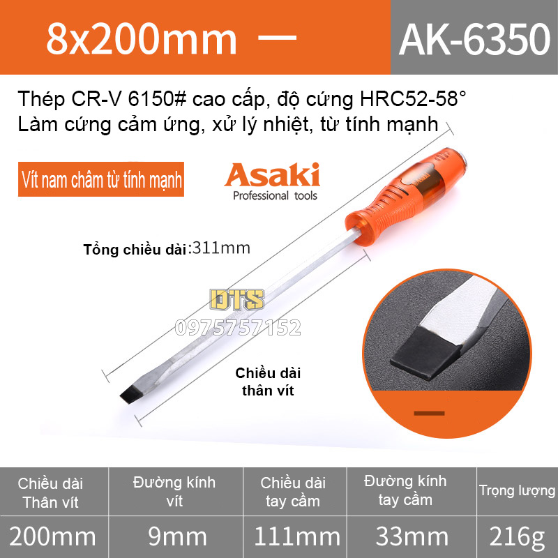 Tô vít đóng Asaki 2 cạnh 4 cạnh thân lục giác thép cứng cao cấp HRC55 có nam châm từ tính mạnh tua v