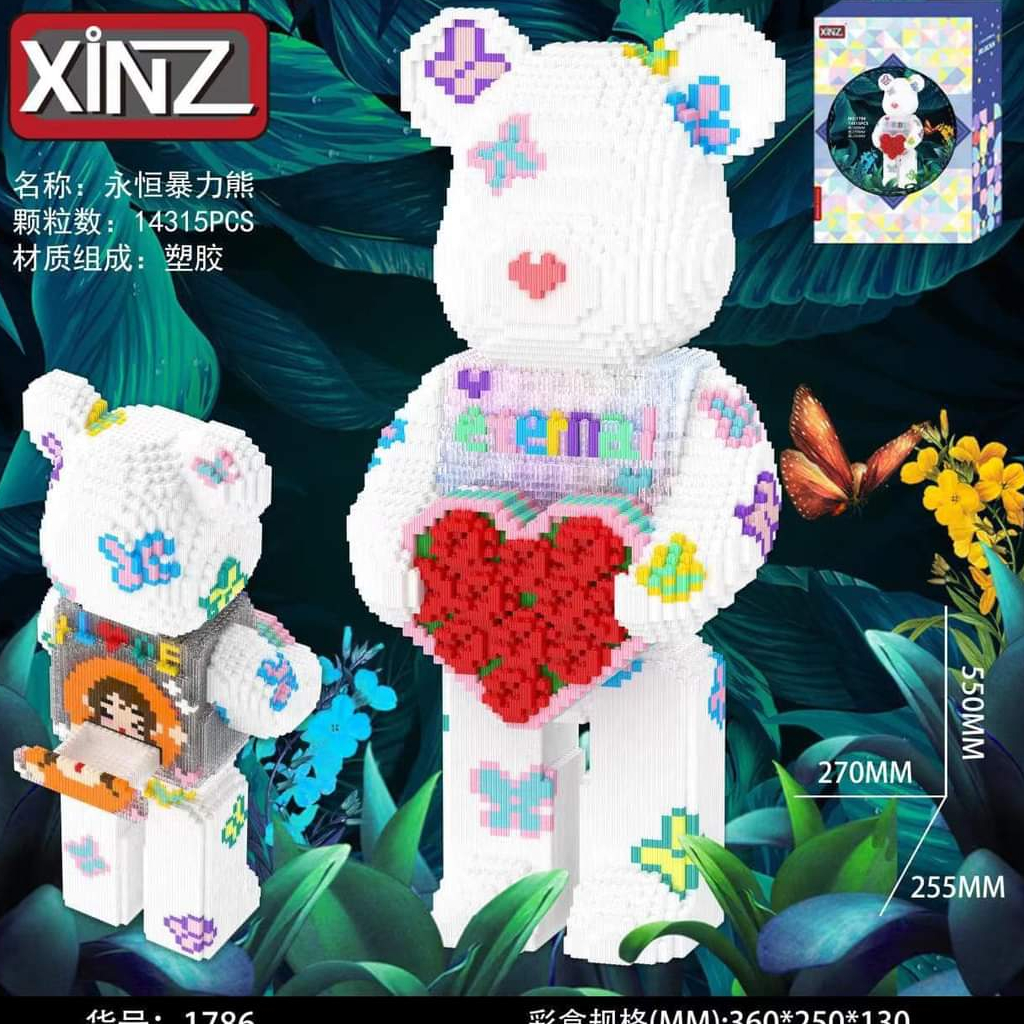 lắp ráp bearbrick gấu ôm tim hoa eternal cỡ lớn size to 55cm xinz đồ chơi xếp hình nano 3d cho bé chuẩn mẫu + búa