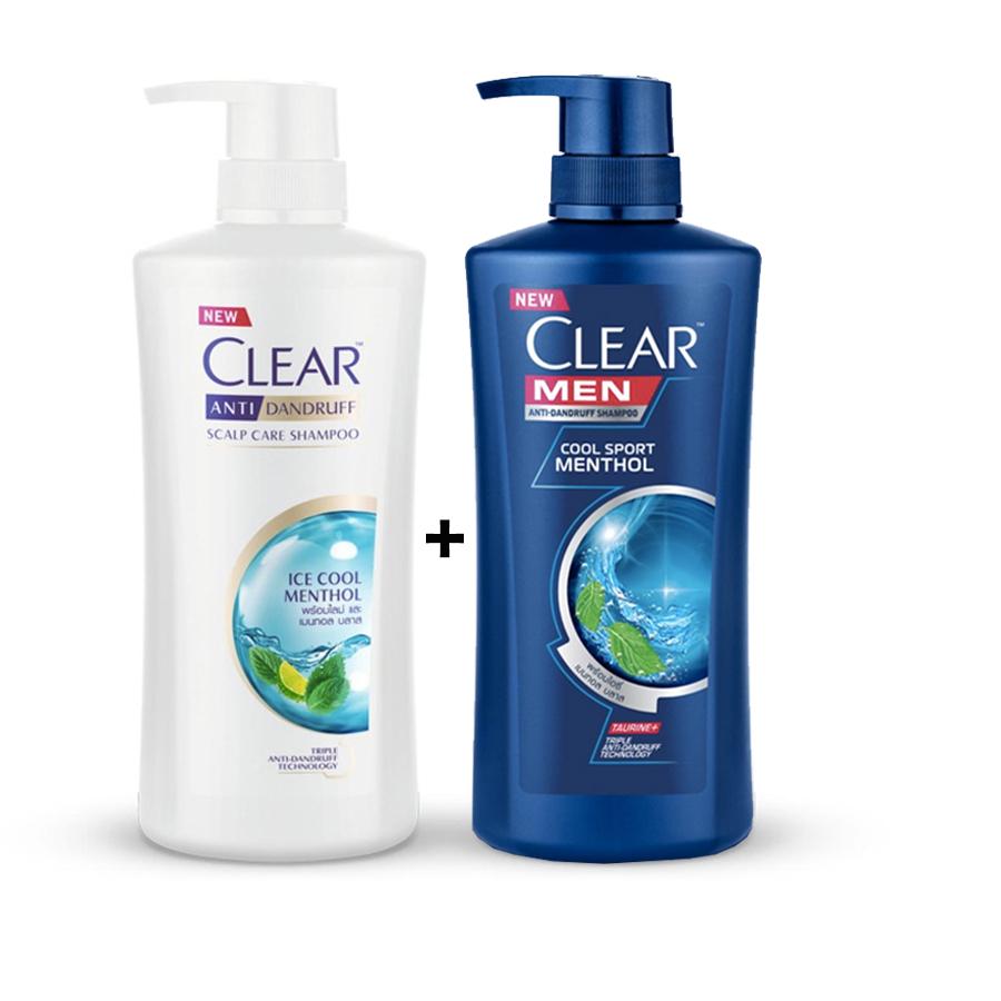 2 chai dầu gội đầu gồm clear Bạc Hà 480ml và Clear Men 450ml