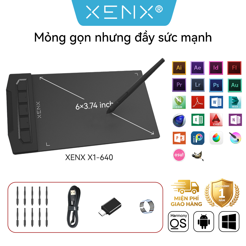 Bảng Vẽ Điện Tử [XENX X1-640 6×3.74 Inch] Graphic tablet - Dùng Cho Vẽ Minh Họa Thiết Kế & Học Online Văn Phòng OSU Trò Chơi - Kết Nối Điện Thoại Android & Máy Tính 8192 Mức Lực Nhấn kèm bút vẽ không cần pin