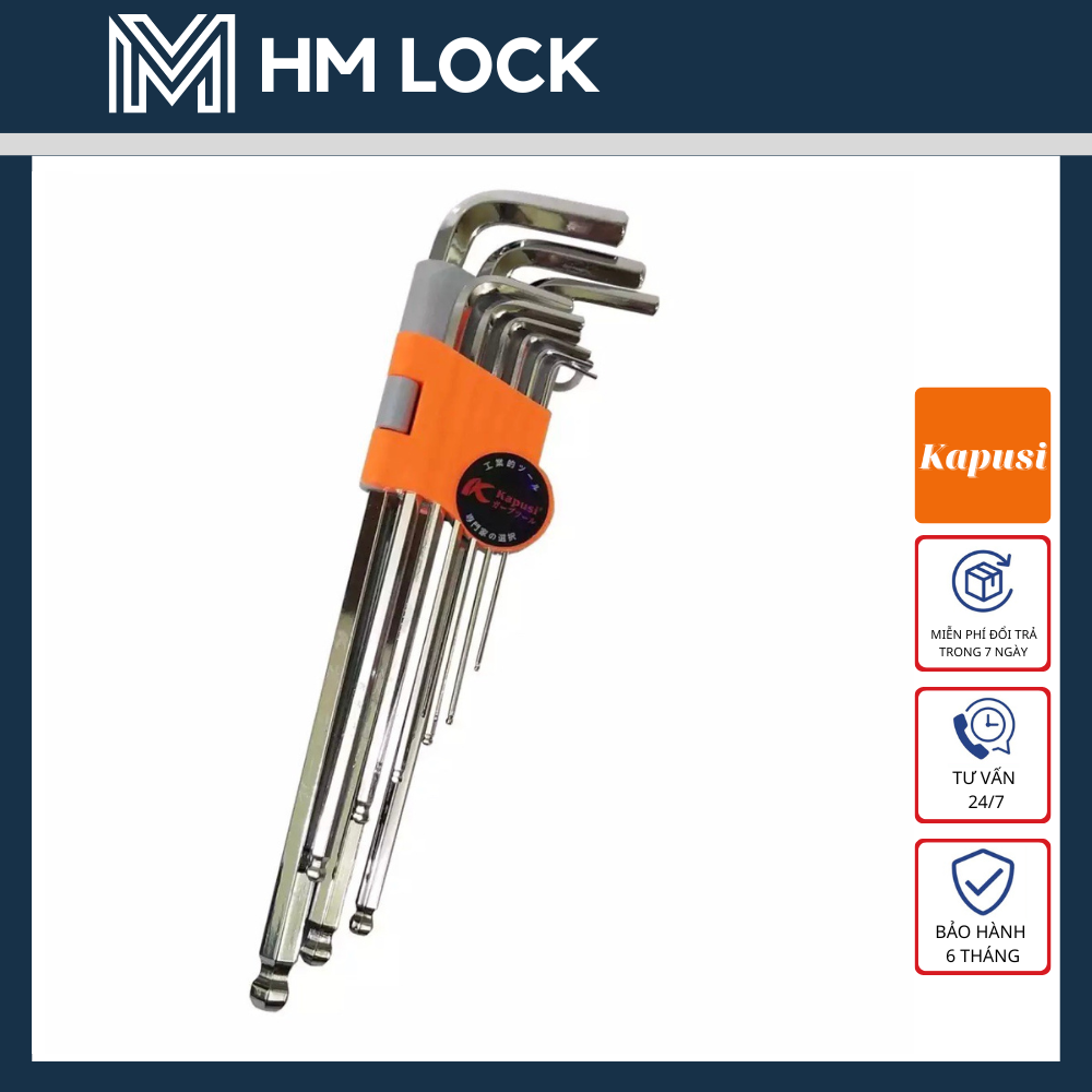 BỘ LỤC GIÁC 9 MÓN ĐẦU BI KAPUSI- THÉP CR-V KHÔNG GỈ SIÊU CỨNG SIÊU BỀN - HM LOCK