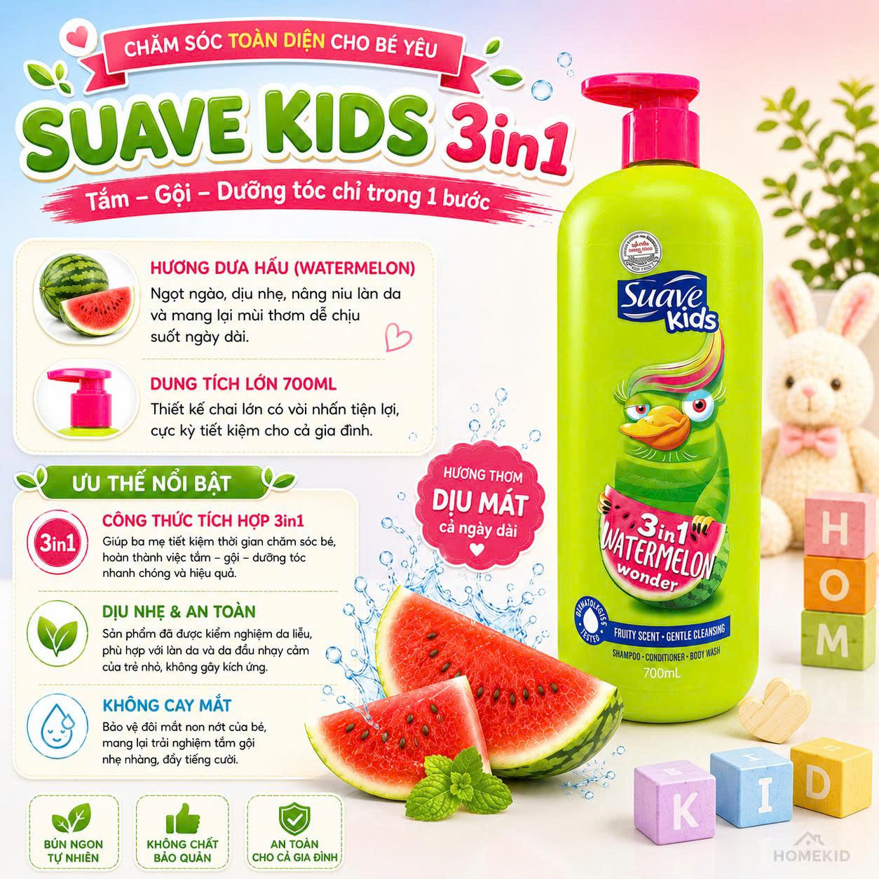 Sữa Tắm Gội Suave Kids 3 Trong 1 - 700ml Thơm Mát & Dịu Nhẹ Dùng Được Cho Bé Và Cả Gia Đình