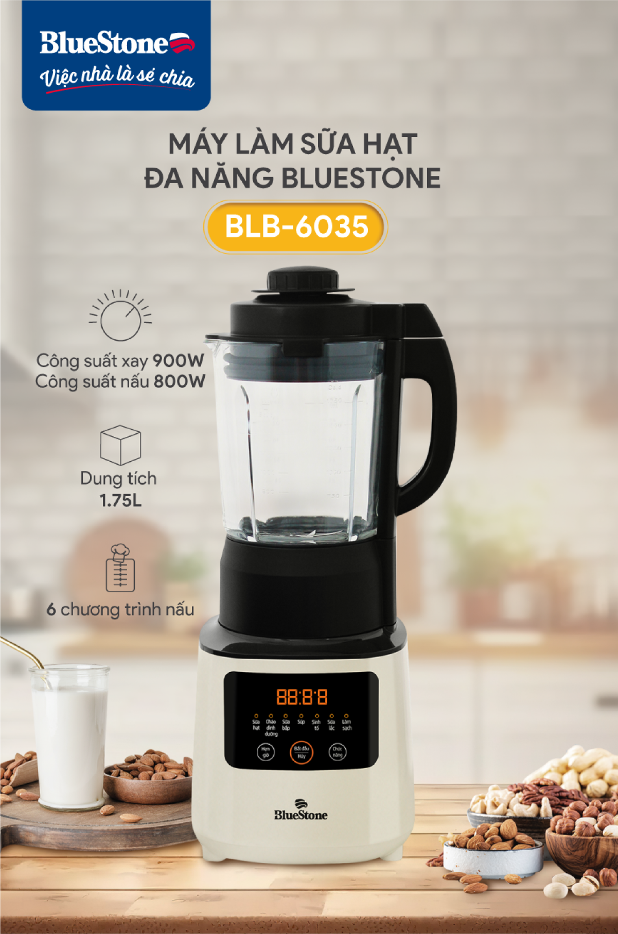 Máy Xay Nấu Và Làm Sữa Hạt Đa Năng BlueStone BLB-6035 - Cs 900W (175 Lít) - 6 chế độ xay nấu - Bảo h