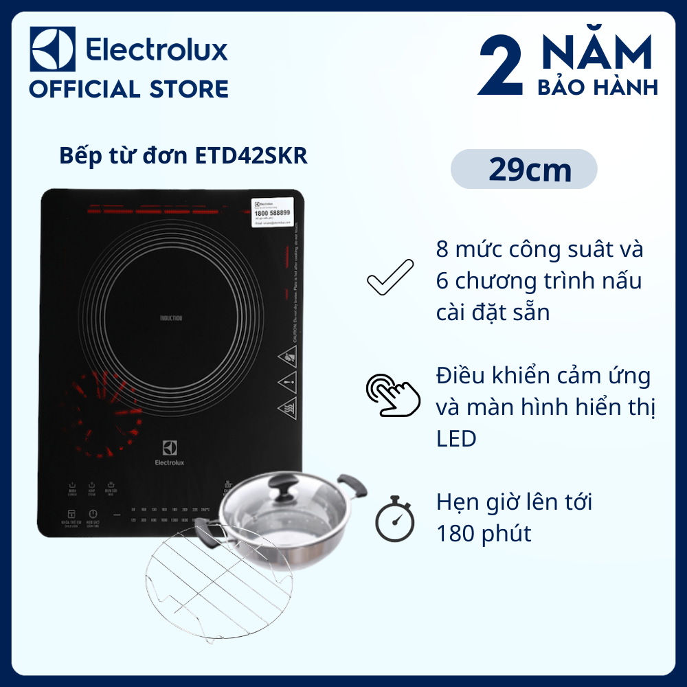 [Tặng NồiVỉ hấp] Bếp từ đơn Electrolux ETD42SKR 2100W 29cm 8 mức công suât và 6 chương trình nấu c