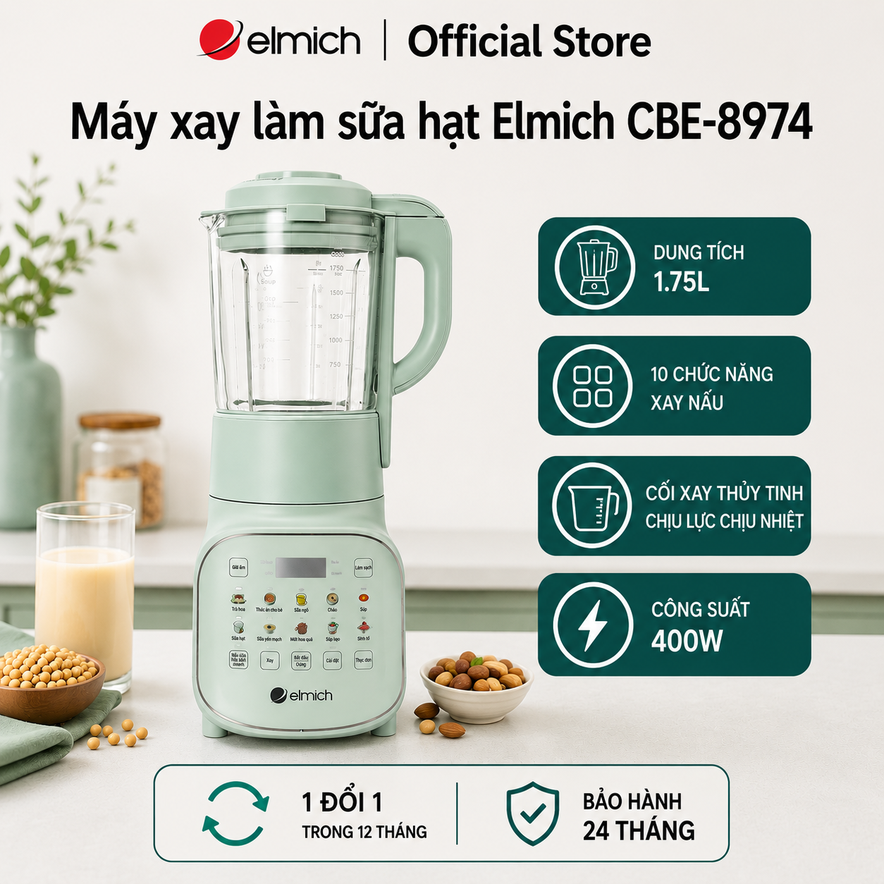 Máy xay làm sữa hạt Elmich CBE-8974 - Dung lượng 1.75L, Thân cối thủy tinh, Lưỡi dao inox 3 tầng 10 cánh