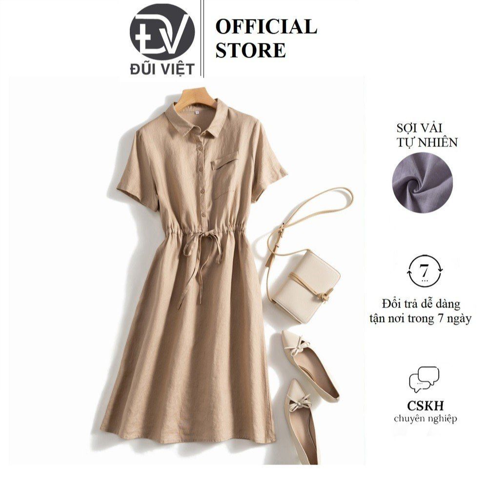 Đầm suông linen cổ sơ mi tay hến có túi ngực chất linen mềm mát thời trang mùa thu Đũi Việt