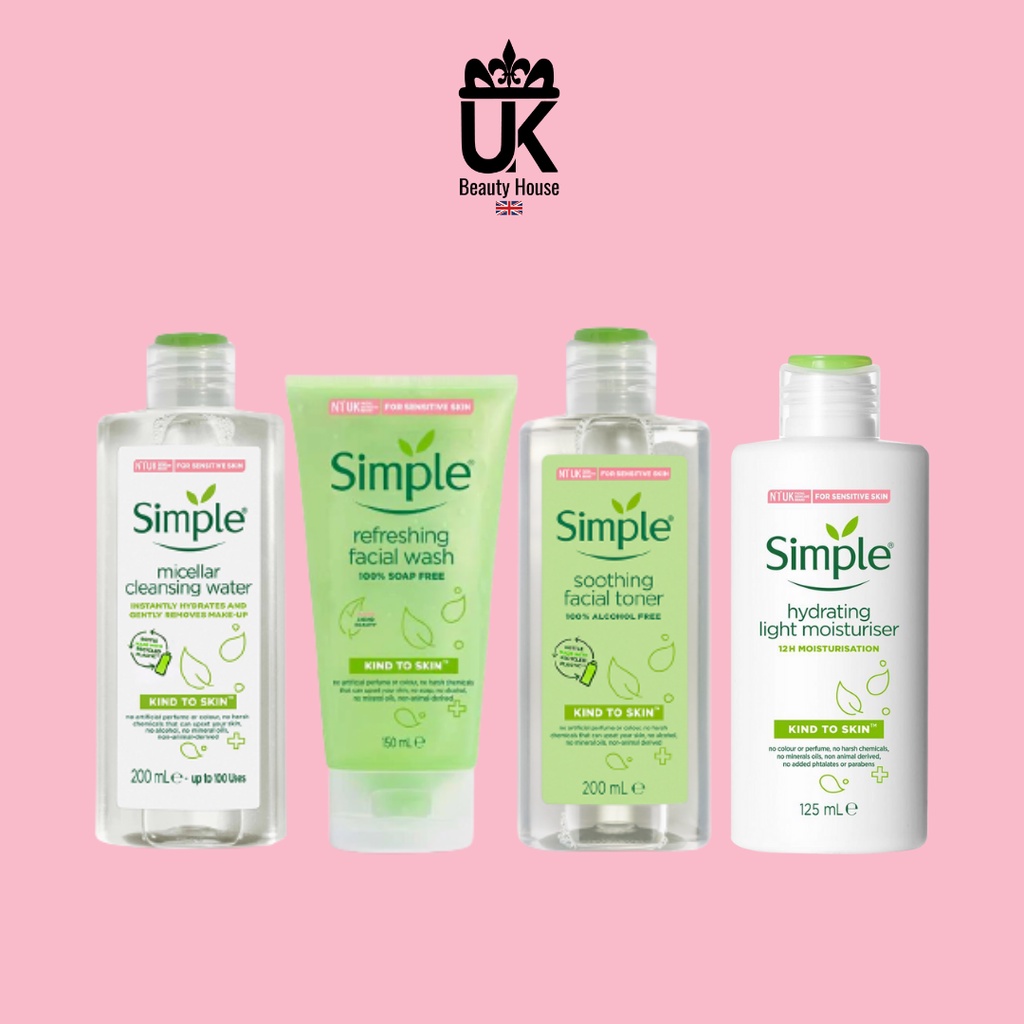 Combo 5 Món Dưỡng Da Trọn Gói Simple (Lăn Mắt Không Hộp): Tẩy Trang+Sữa Rửa Mặt+Toner+Lăn Mắt+Sữa Dưỡng