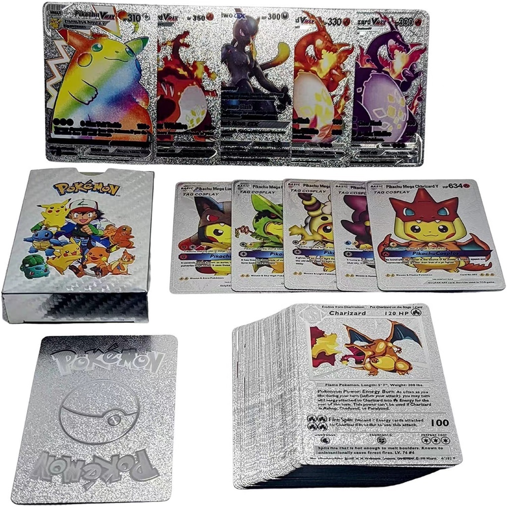 Bộ sưu tập thẻ bài Pokemon kim loại mạ vàng bạc cao cấp 27 lá 55 lá 110 lá 150 lá Vmax GX (Mẫu mới nhất)