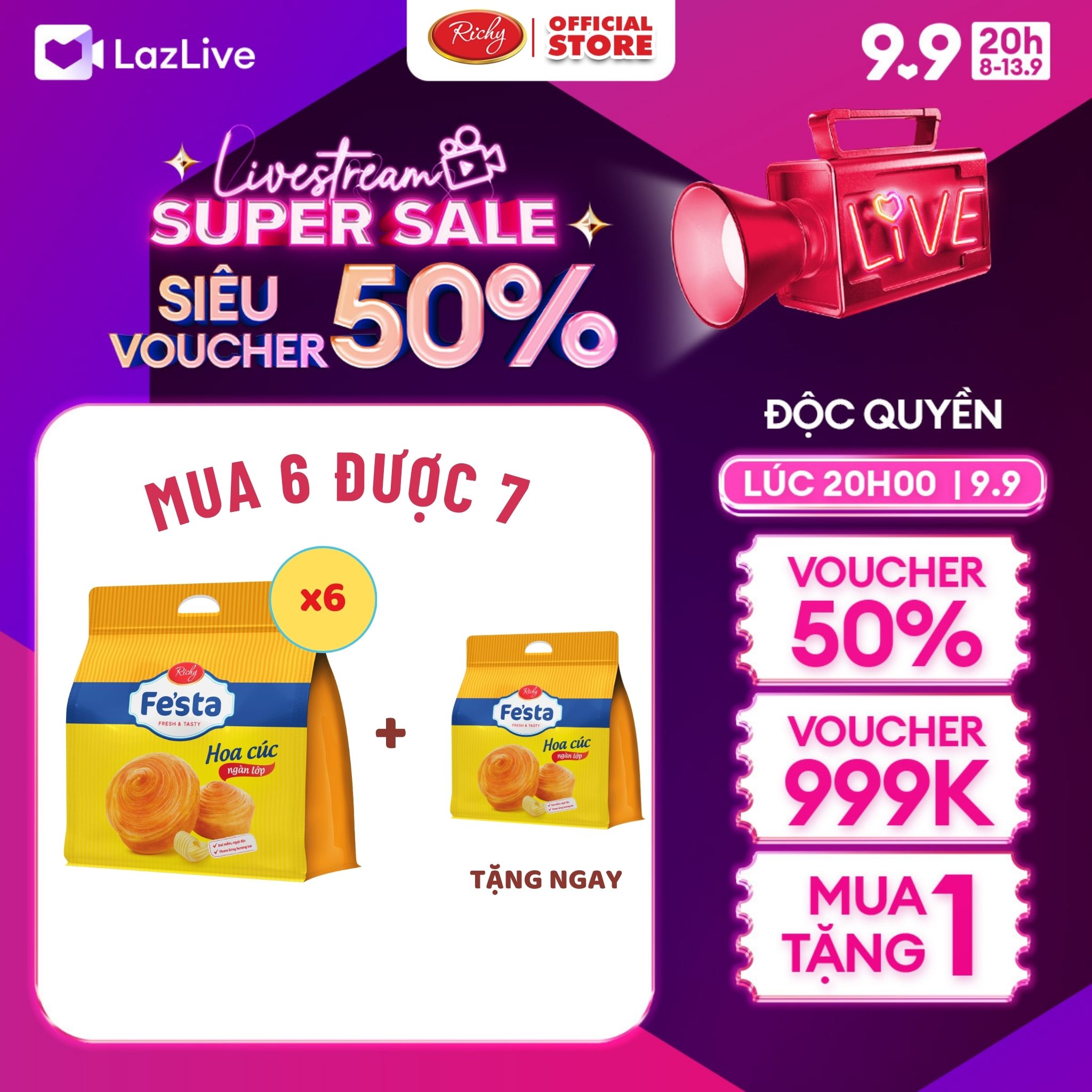 [LIVESTREAM ĐỘC QUYỀN 20H 8.9] Combo 6 Túi Bánh mì hoa cúc Bánh mì tươi ngàn lớp Festa Richy bánh ăn