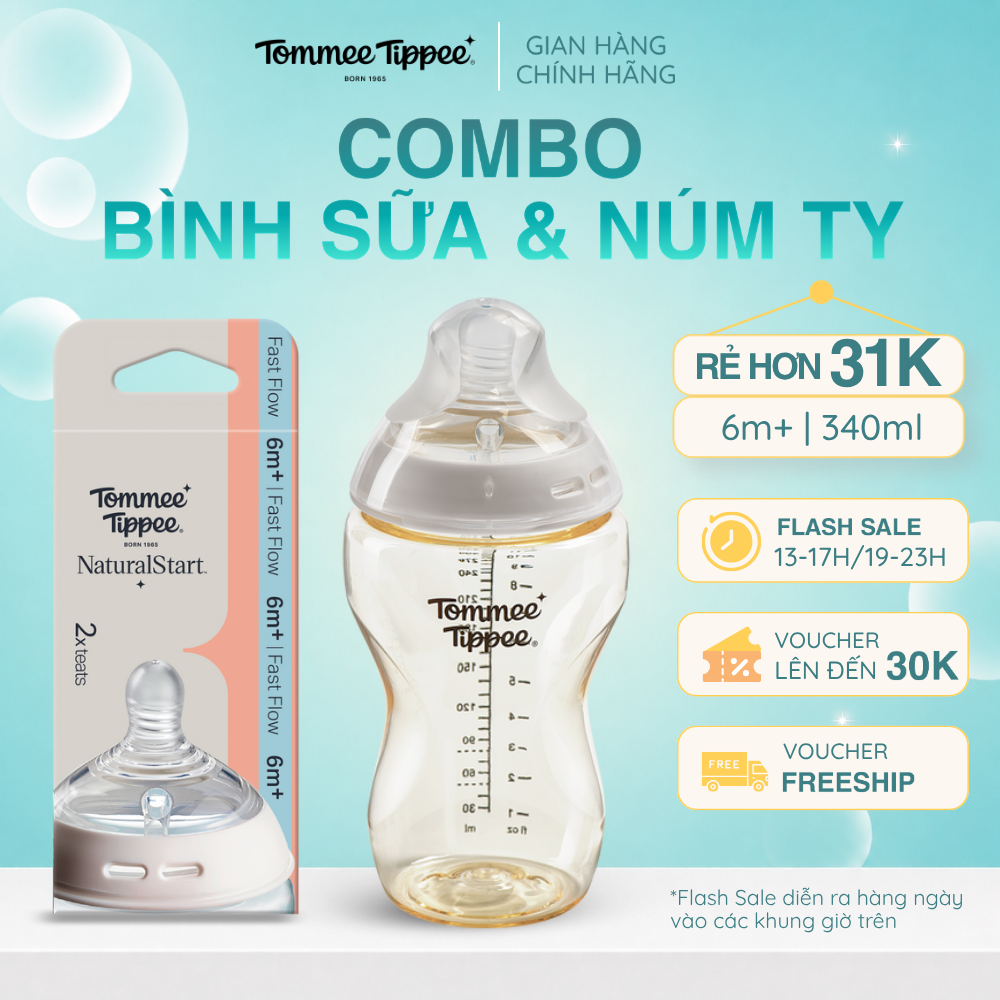 COMBO Bình Sữa PPSU Ty Siêu Mềm Tự Nhiên Tommee Tippee Natural Start 340ml & Núm Ty Silicon Thay Thế 6M+